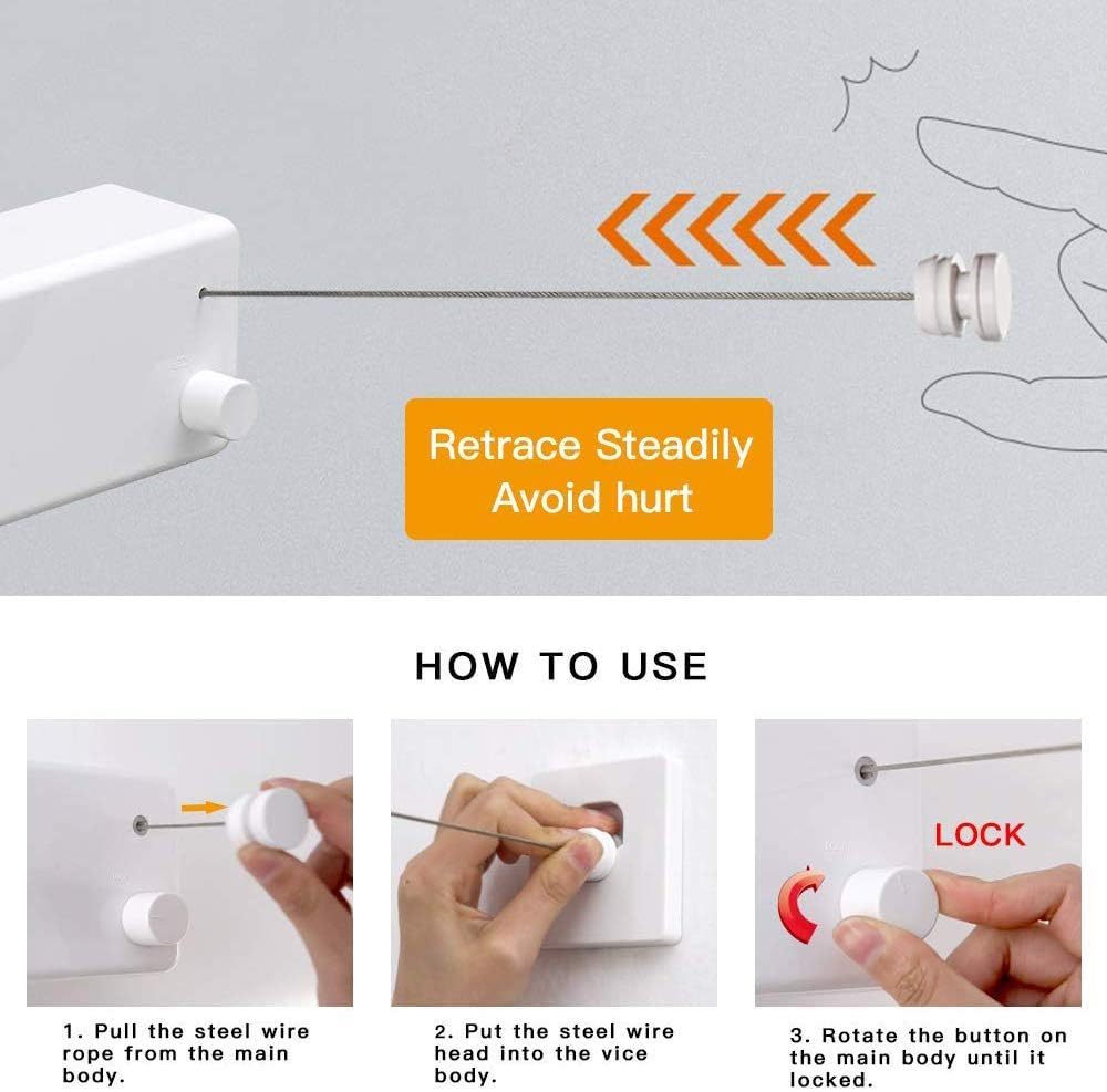 Retractable Clothesline，Indoor Outdoor Clothes Line , Retracting Hanging, Lock to Prevent Sagging
