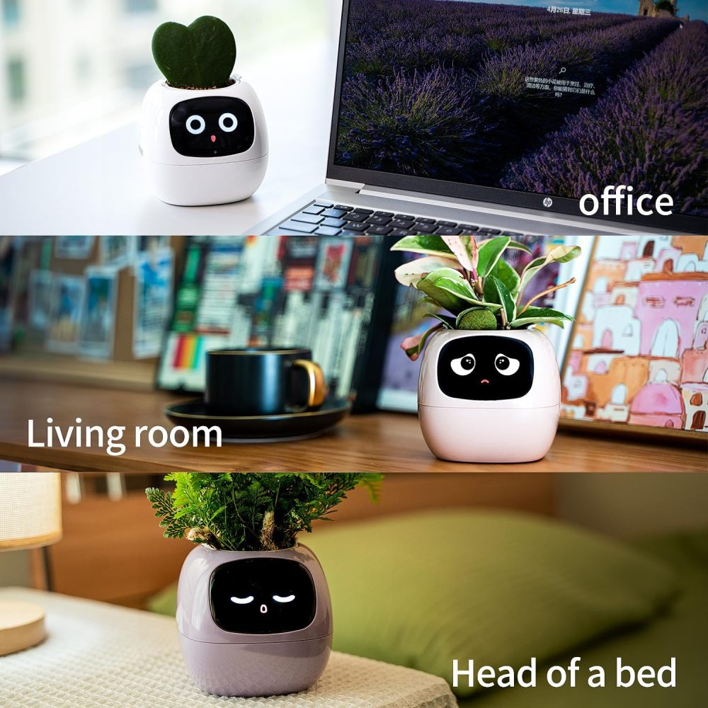 Smart Flowerpots, with Artificial Intelligence, Time Temperature Display, and Numerous Expressive Animations Based On The Environment