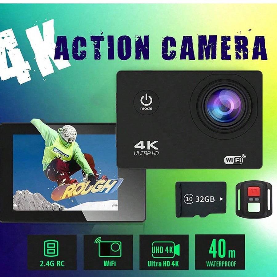 4K Action Camera（Includes 32GB Card And 1 Remote Control Selfie Stick)