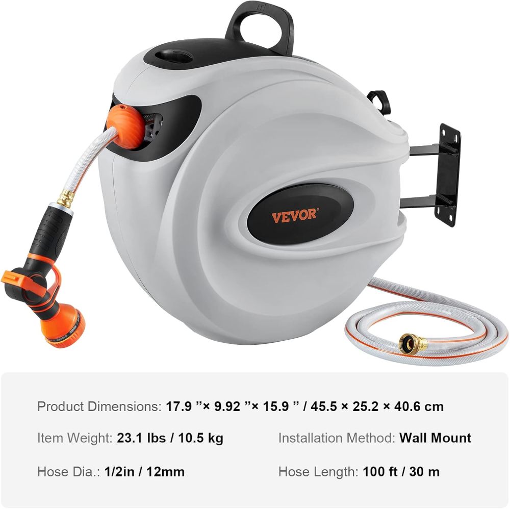 Garden Water Hose Reel (with 9-Pattern Nozzle)