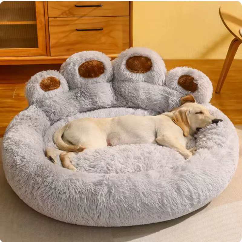 Cute Bear Paw Shape Dog Bed Cat Pet Sofa, Fluffy Faux Fur Bear Paw Shape Cat Cushion Dog Bed Calming Donut Dog Bed