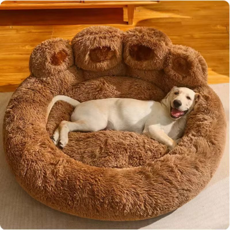 Cute Bear Paw Shape Dog Bed Cat Pet Sofa, Fluffy Faux Fur Bear Paw Shape Cat Cushion Dog Bed Calming Donut Dog Bed