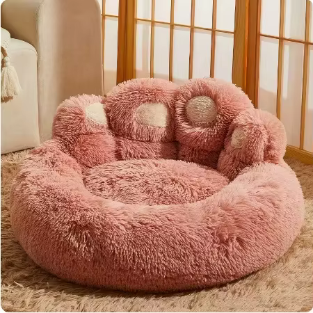 Cute Bear Paw Shape Dog Bed Cat Pet Sofa, Fluffy Faux Fur Bear Paw Shape Cat Cushion Dog Bed Calming Donut Dog Bed