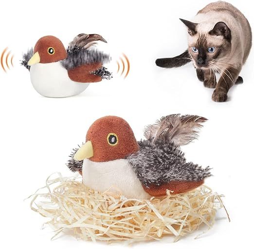 Rechargeable Flapping Bird Sparrow with Realistic Chirping Sounds Touch-Activated Interactive Cat Toy for Kittens