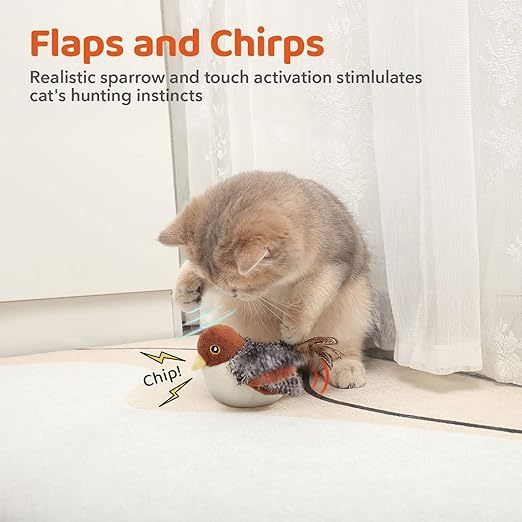Rechargeable Flapping Bird Sparrow with Realistic Chirping Sounds Touch-Activated Interactive Cat Toy for Kittens