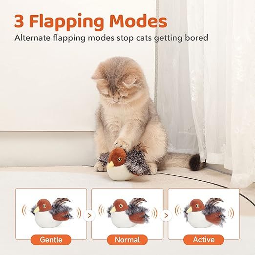 Rechargeable Flapping Bird Sparrow with Realistic Chirping Sounds Touch-Activated Interactive Cat Toy for Kittens
