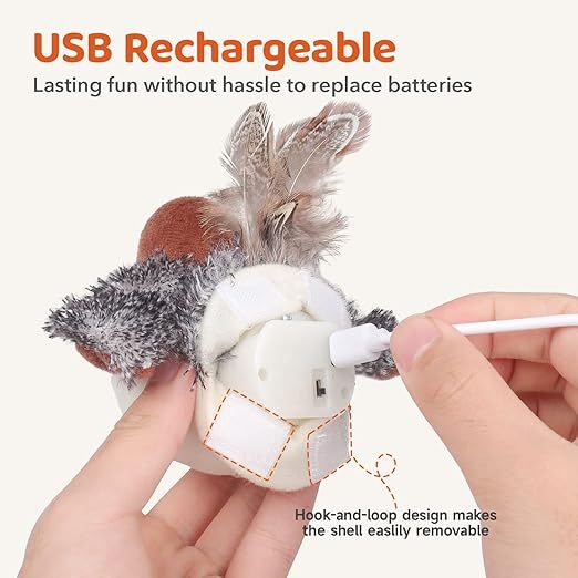 Rechargeable Flapping Bird Sparrow with Realistic Chirping Sounds Touch-Activated Interactive Cat Toy for Kittens