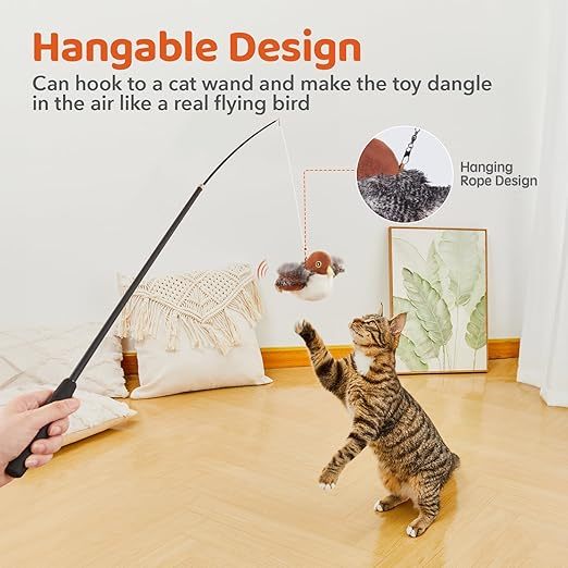 Rechargeable Flapping Bird Sparrow with Realistic Chirping Sounds Touch-Activated Interactive Cat Toy for Kittens