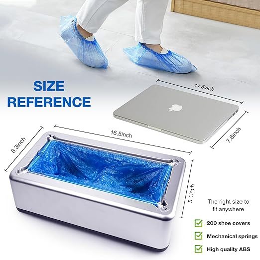 Shoe Cover Dispenser (Includes 100 Disposable Anti-Slip Shoe Covers) This user-friendly and reliable shoe cover dispenser is ideal for indoor environments (Silver model).