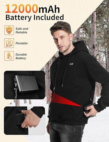 Heated Hoodie for Men Women with 7.4V 12000mAh Rechargeable Battery Pack, Unisex Pullover Heated Sweatshirt