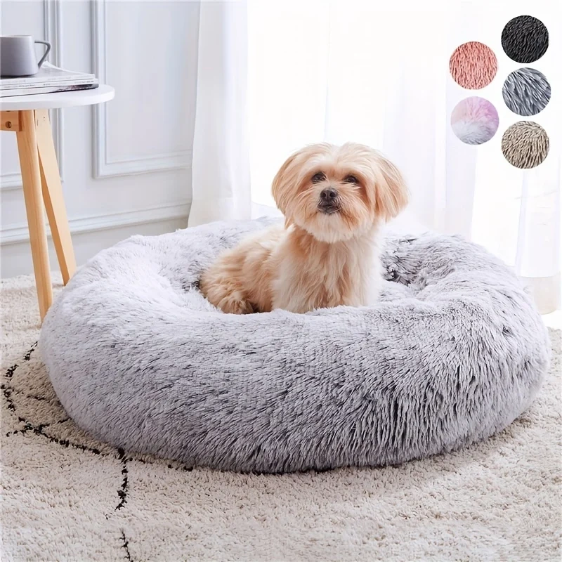 Plush Dog Cat Bed Anti-Anxiety Donut Cuddler Warm Cozy Soft Round Bed Fluffy Cushion Bed For Small Medium Large Dog Cat Products