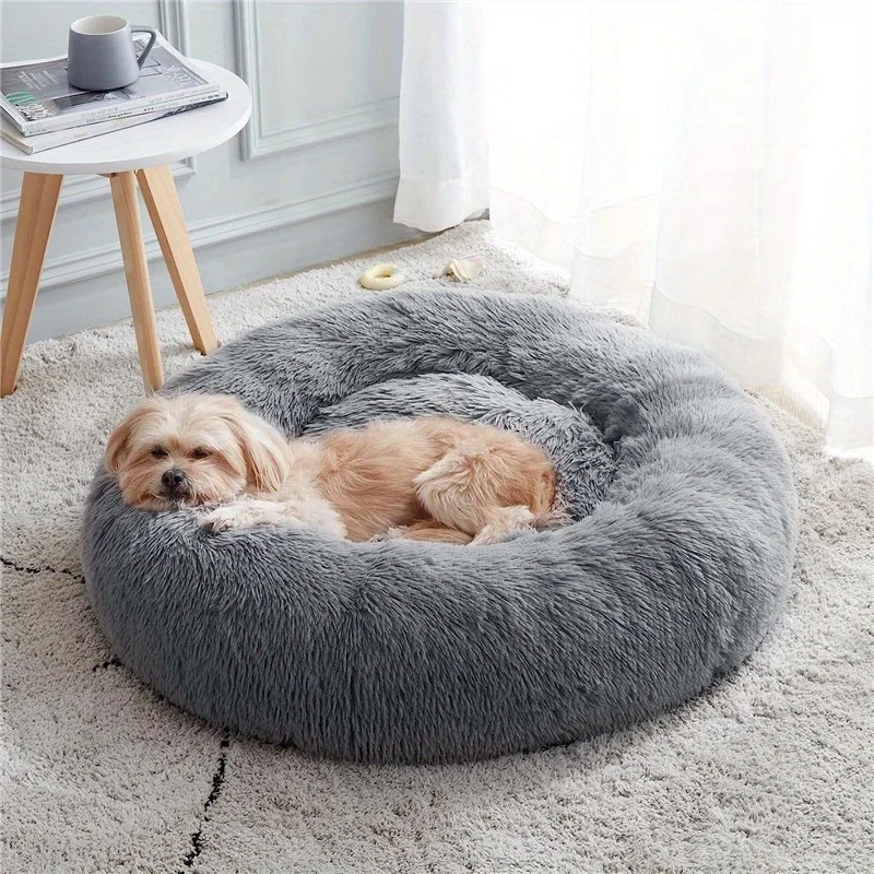 Plush Dog Cat Bed Anti-Anxiety Donut Cuddler Warm Cozy Soft Round Bed Fluffy Cushion Bed For Small Medium Large Dog Cat Products