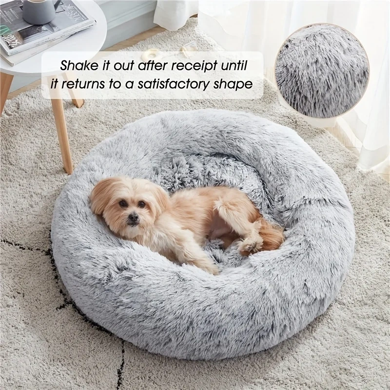 Plush Dog Cat Bed Anti-Anxiety Donut Cuddler Warm Cozy Soft Round Bed Fluffy Cushion Bed For Small Medium Large Dog Cat Products