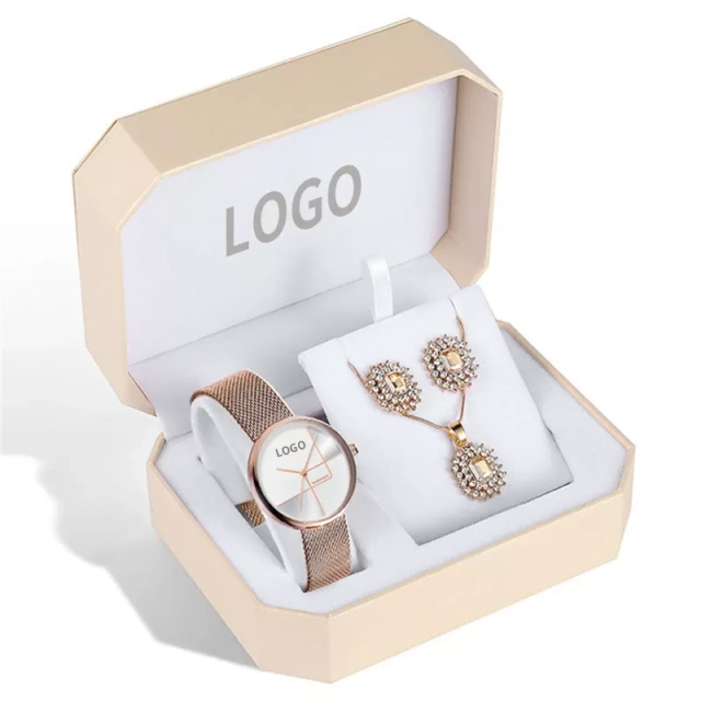 Luxury Brand Women Watch Set Rose Gold Steel Lady Fashion Crystal Pendant Necklace Earring Jewelry Set Quartz Wrist Watch
