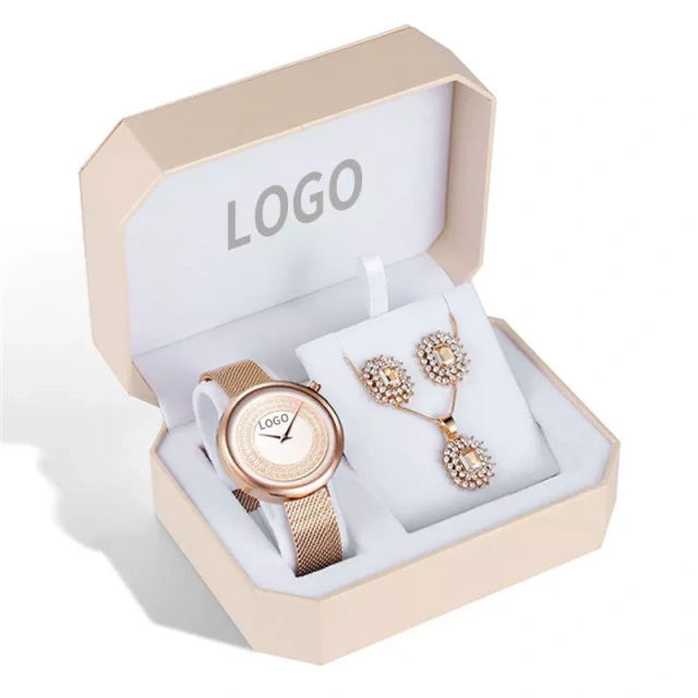 Luxury Brand Women Watch Set Rose Gold Steel Lady Fashion Crystal Pendant Necklace Earring Jewelry Set Quartz Wrist Watch