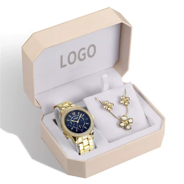 Luxury Brand Women Watch Set Rose Gold Steel Lady Fashion Crystal Pendant Necklace Earring Jewelry Set Quartz Wrist Watch