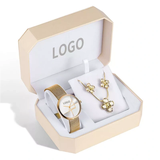 Luxury Brand Women Watch Set Rose Gold Steel Lady Fashion Crystal Pendant Necklace Earring Jewelry Set Quartz Wrist Watch