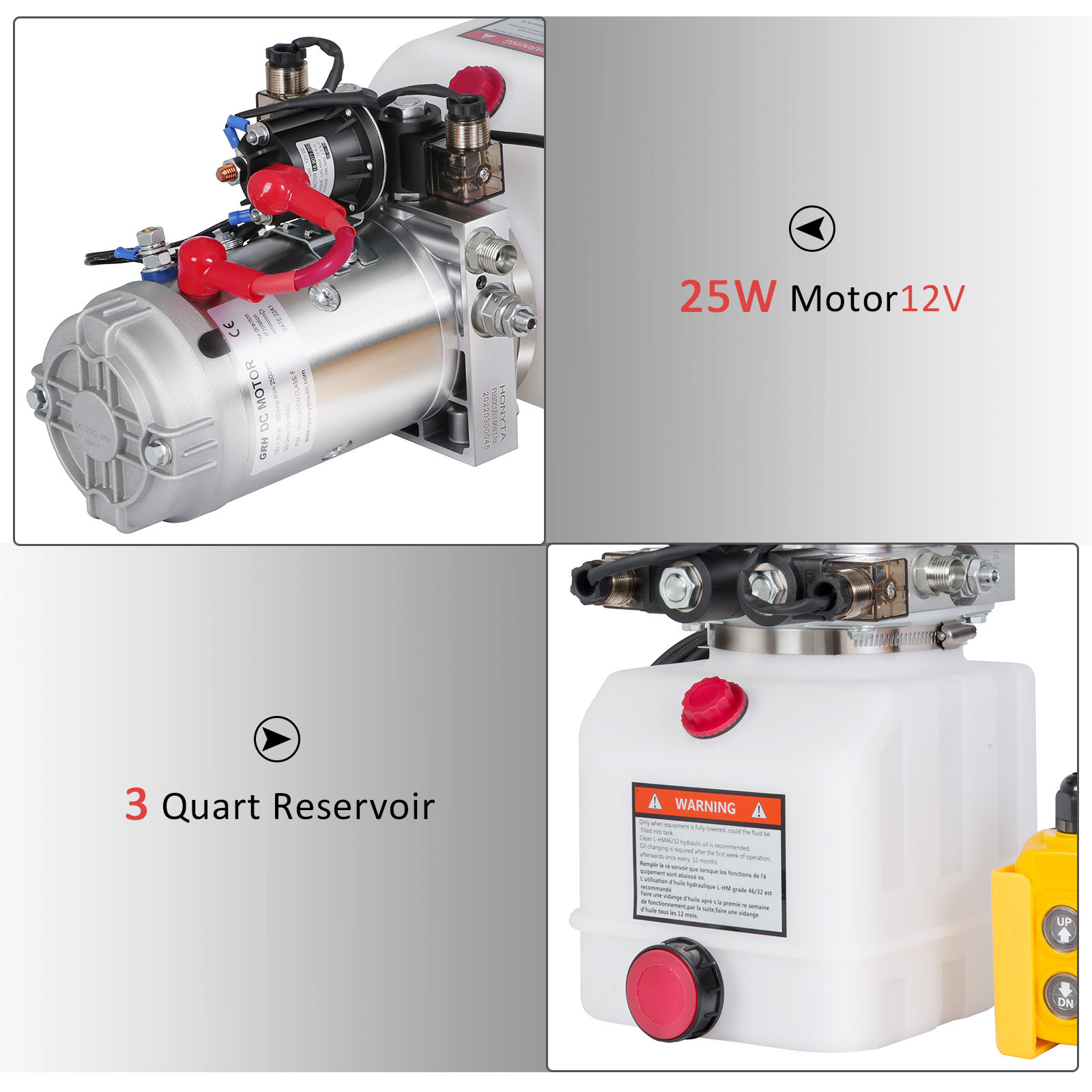 HONYTA 3 Quart Plastic Oil Tank Hydraulic Power Unit Hydraulic Pump Dump Trailer Car Lifting 12V DC Motor Double Acting Hydraulic Power Pack