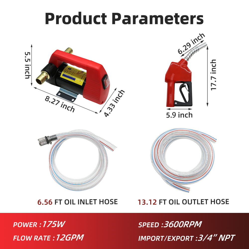 HONYTA 12V Fuel Transfer Pump, 12GPM Diesel Transfer Pump Kit, Self Priming DC Electric Fuel Transfer Pump With Nozzle Hose, Suitable For Diesel, Kerosene, Transformer Oil