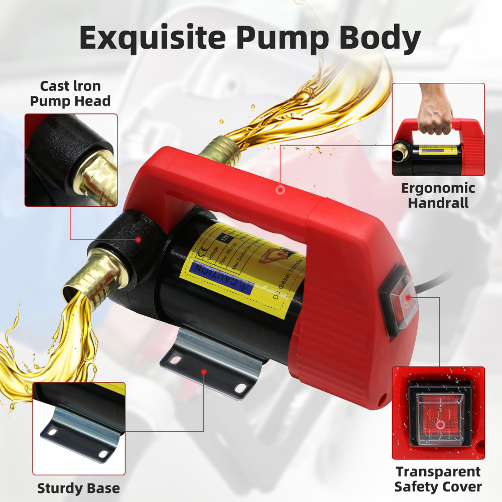 HONYTA 12V Fuel Transfer Pump, 12GPM Diesel Transfer Pump Kit, Self Priming DC Electric Fuel Transfer Pump With Nozzle Hose, Suitable For Diesel, Kerosene, Transformer Oil