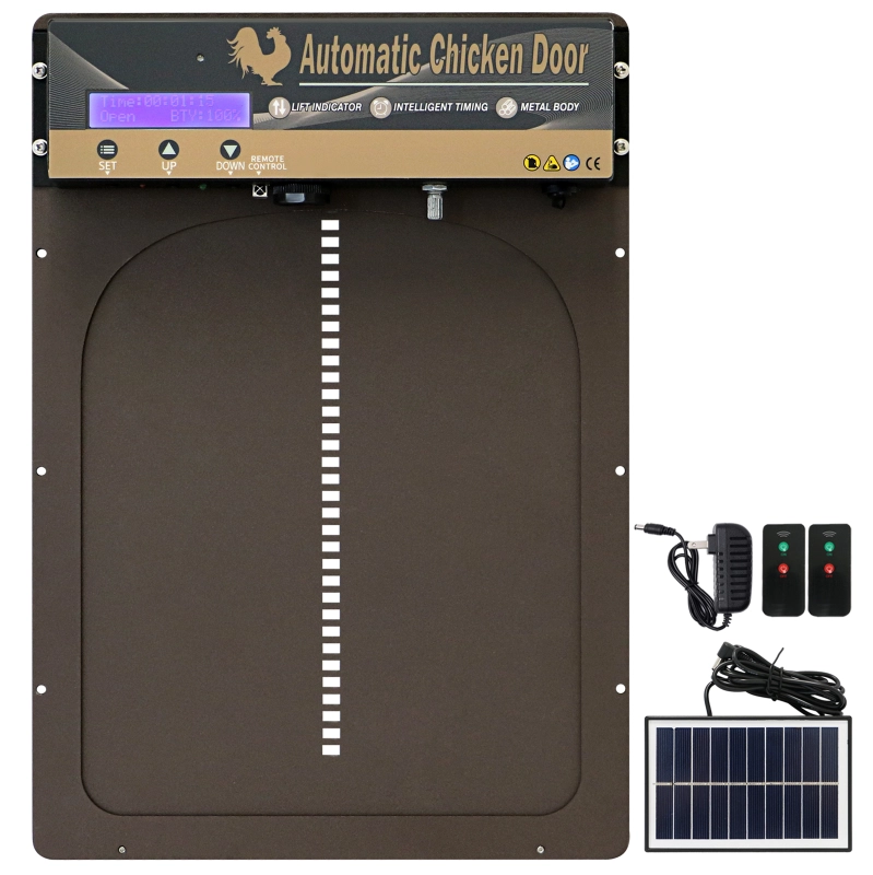 HONYTA Solar Powered Automatic Chicken Coop Door, LED Display Chicken Door With Timer & Light Sensor & Infrared Sensor, Aluminum Alloy Remote Control Chicken Door, 5 Opening Modes, Battery Or DC Powered