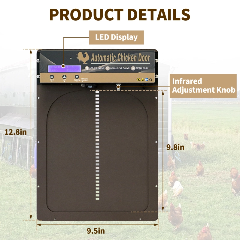 HONYTA Solar Powered Automatic Chicken Coop Door, LED Display Chicken Door With Timer & Light Sensor & Infrared Sensor, Aluminum Alloy Remote Control Chicken Door, 5 Opening Modes, Battery Or DC Powered