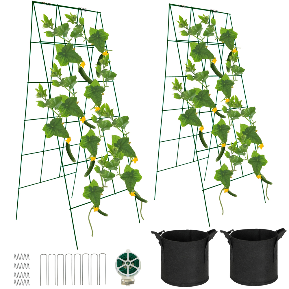 Foldable Cucumber Trellis, 46" L x 18" W A-Frame 2 Pack Cucumber Trellis for Raised Bed Garden Vegetable Grow Supports, Steel Trellis with Twist Ties & Plant Bags for Climbing Plants Outdoor