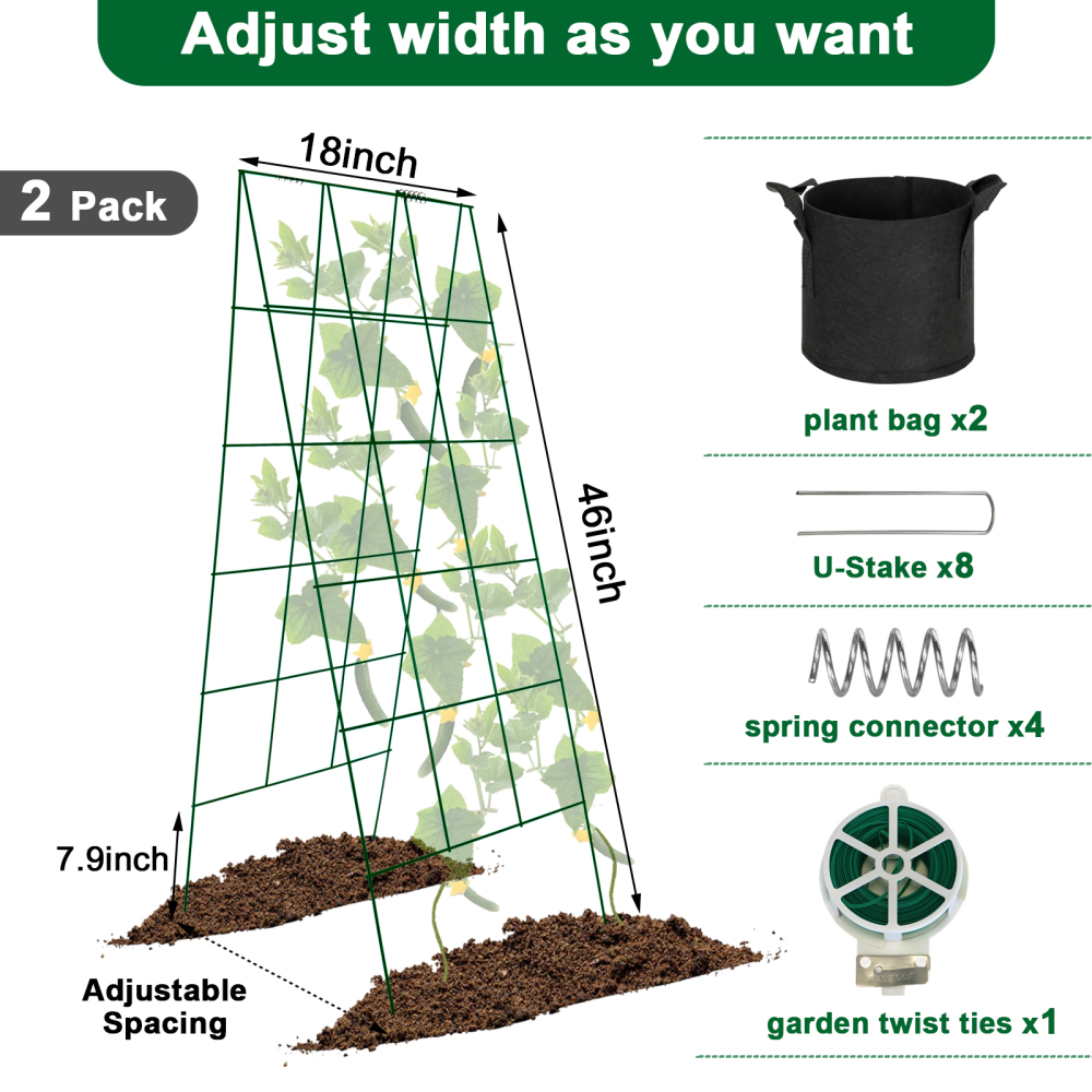 Foldable Cucumber Trellis, 46" L x 18" W A-Frame 2 Pack Cucumber Trellis for Raised Bed Garden Vegetable Grow Supports, Steel Trellis with Twist Ties & Plant Bags for Climbing Plants Outdoor