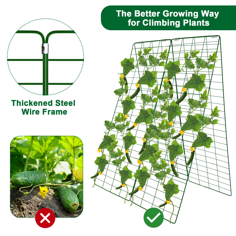 Foldable Cucumber Trellis, 48" L x 34" W A-Frame Cucumber Trellis for Raised Bed Garden Vegetable Grow Supports, Steel Trellis with Twist Ties & Plant Bags for Climbing Plants Outdoor