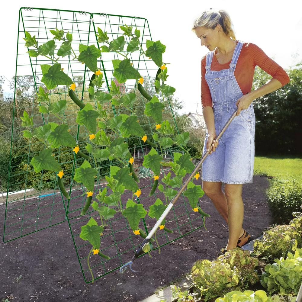 Foldable Cucumber Trellis, 48" L x 34" W A-Frame Cucumber Trellis for Raised Bed Garden Vegetable Grow Supports, Steel Trellis with Twist Ties & Plant Bags for Climbing Plants Outdoor