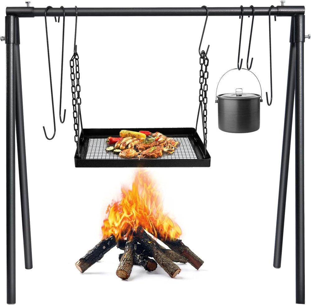 Campfire Swing Cooking Grill Stand, Portable Hanging Cooking Rack with Removable steel pipe Adjustable Grill Grate and Hooks for Outdoor BBQ Picnic Cookware Party-Free Shipping