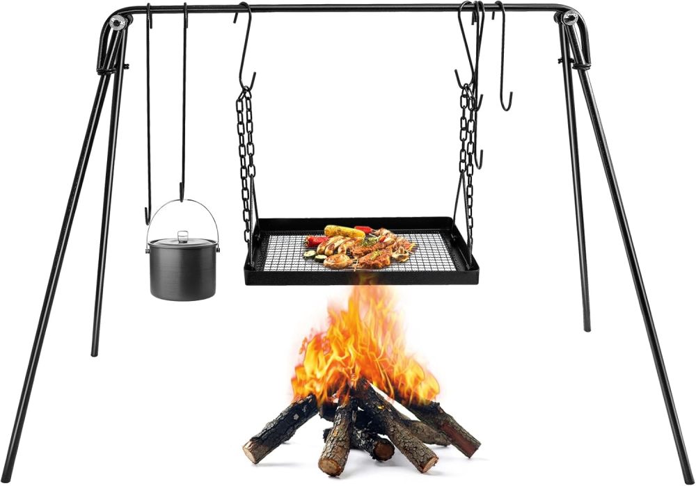 Campfire Swing Cooking Grill Stand, Portable Hanging Cooking Rack with Collapsible Legs Adjustable Grill Grate and Hooks for Outdoor BBQ Picnic Cookware Party-Free Shipping
