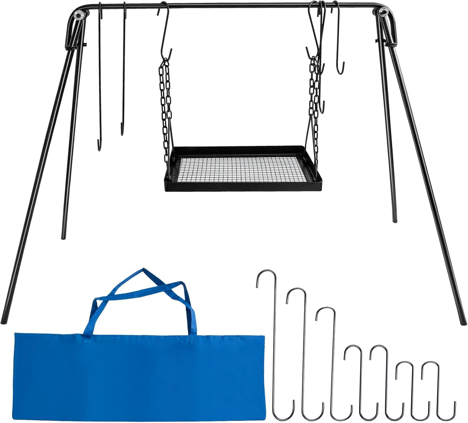Campfire Swing Cooking Grill Stand, Portable Hanging Cooking Rack with Collapsible Legs Adjustable Grill Grate and Hooks for Outdoor BBQ Picnic Cookware Party-Free Shipping