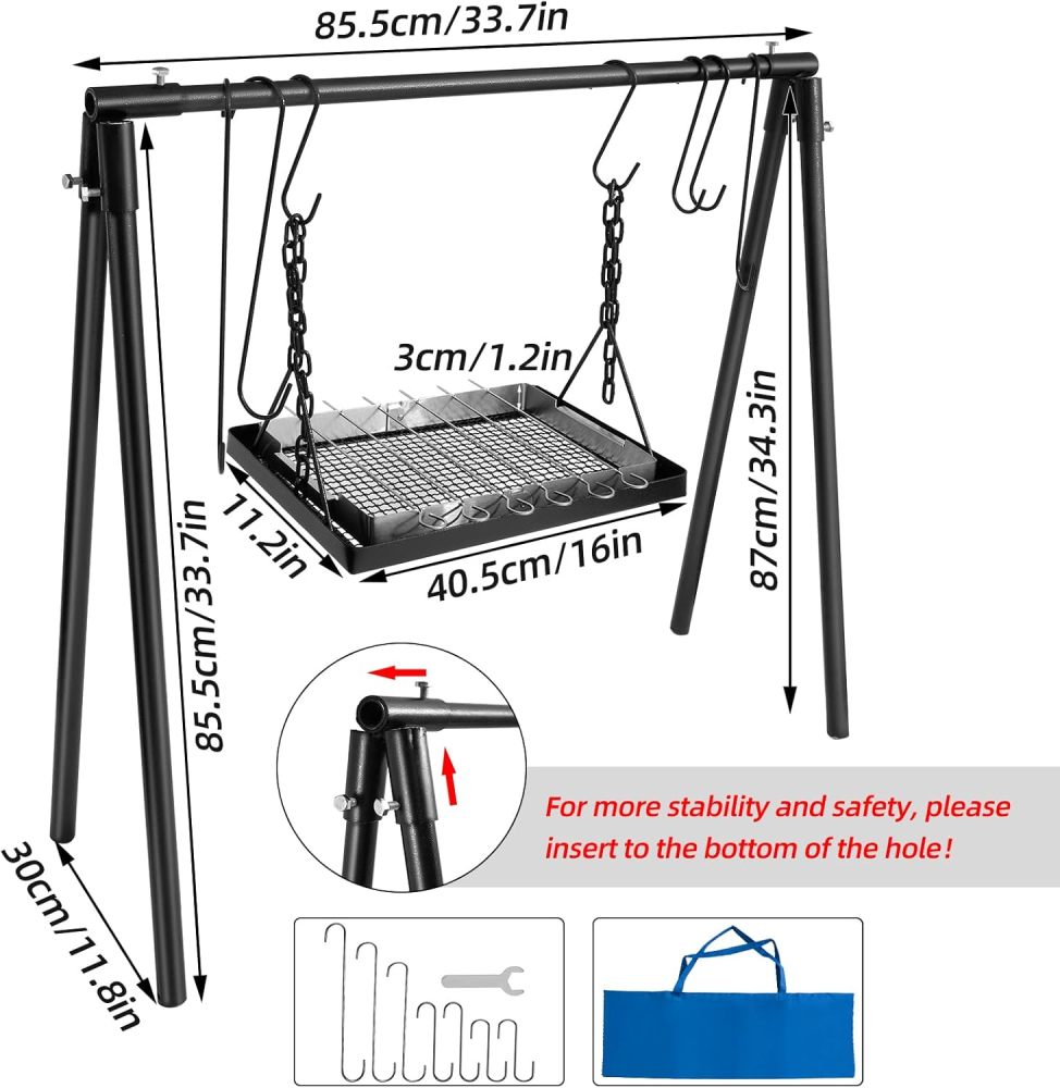 Campfire Swing Cooking Grill Stand, Portable Hanging Cooking Rack with Removable steel pipe Adjustable Grill Grate and Hooks for Outdoor BBQ Picnic Cookware Party-Free Shipping