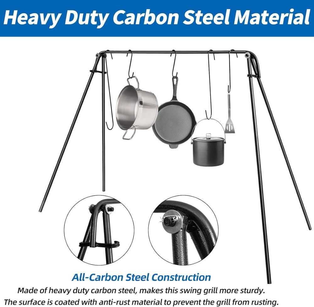 Campfire Swing Cooking Grill Stand, Portable Hanging Cooking Rack with Collapsible Legs Adjustable Grill Grate and Hooks for Outdoor BBQ Picnic Cookware Party-Free Shipping