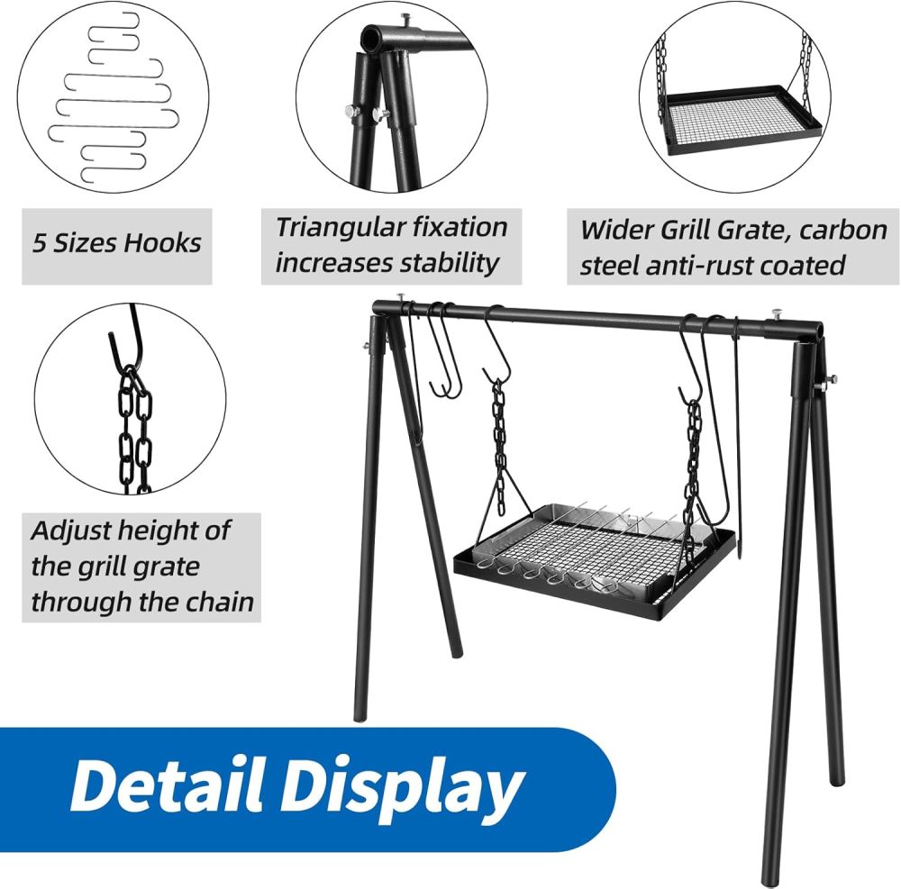Campfire Swing Cooking Grill Stand, Portable Hanging Cooking Rack with Removable steel pipe Adjustable Grill Grate and Hooks for Outdoor BBQ Picnic Cookware Party-Free Shipping