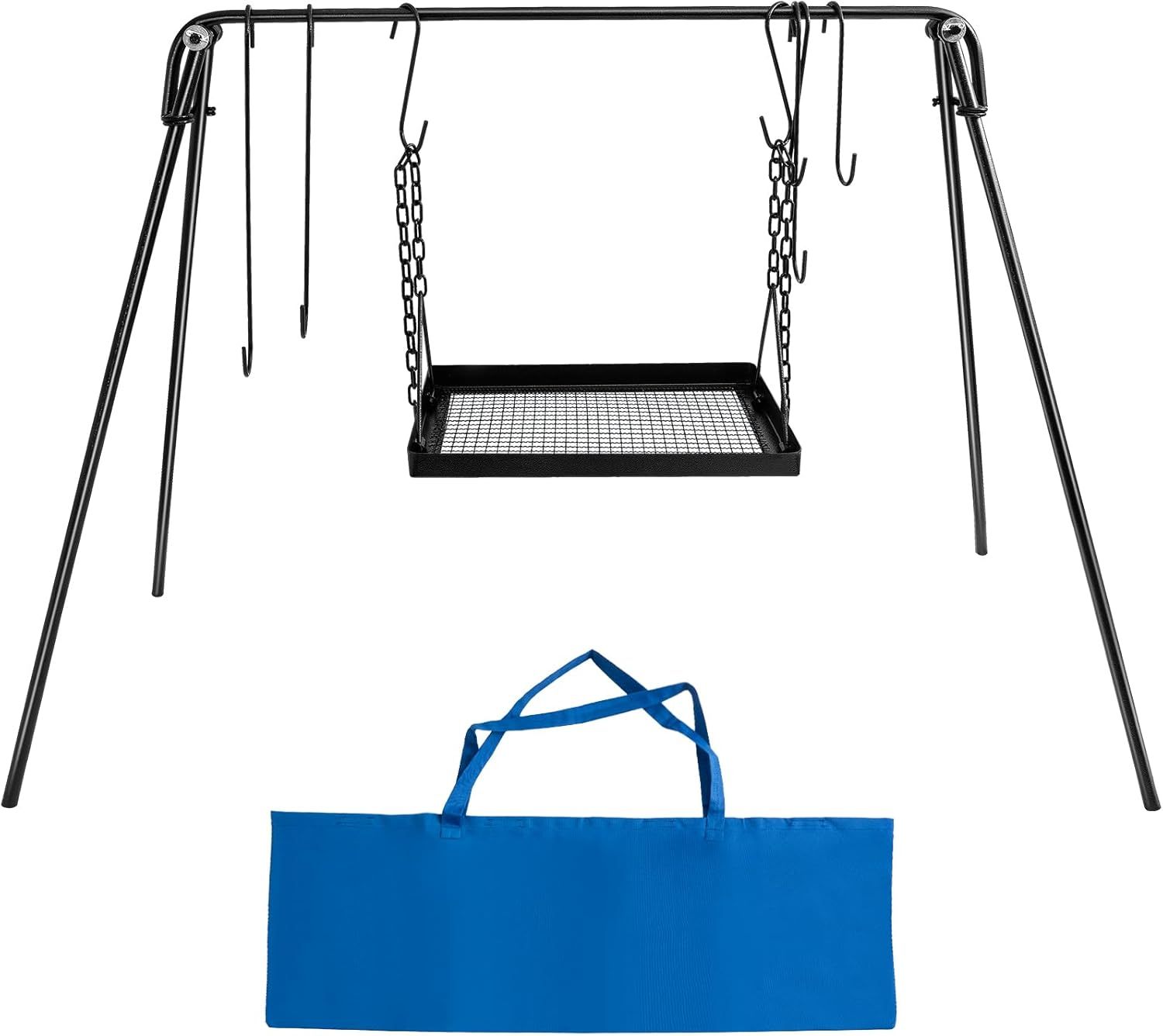 Campfire Swing Cooking Grill Stand, Portable Hanging Cooking Rack with Collapsible Legs Adjustable Grill Grate and Hooks for Outdoor BBQ Picnic Cookware Party-Free Shipping