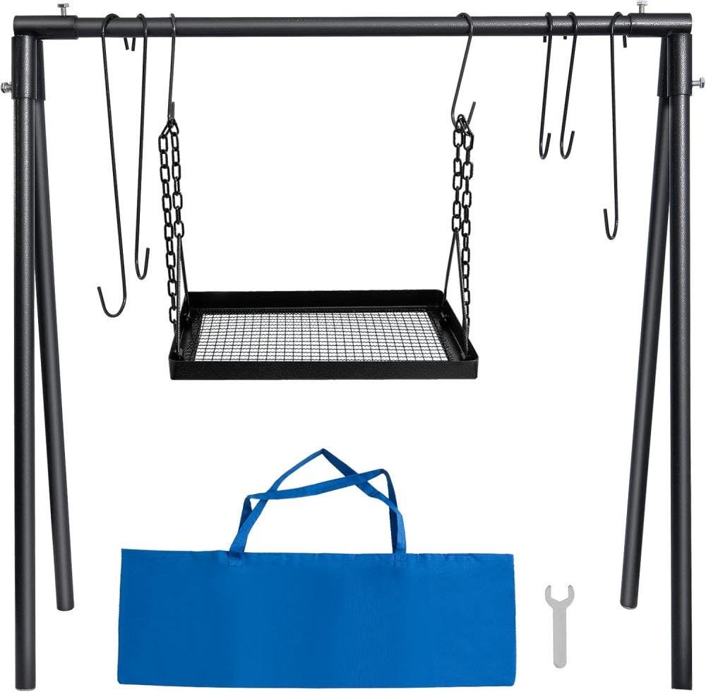 Campfire Swing Cooking Grill Stand, Portable Hanging Cooking Rack with Removable steel pipe Adjustable Grill Grate and Hooks for Outdoor BBQ Picnic Cookware Party-Free Shipping