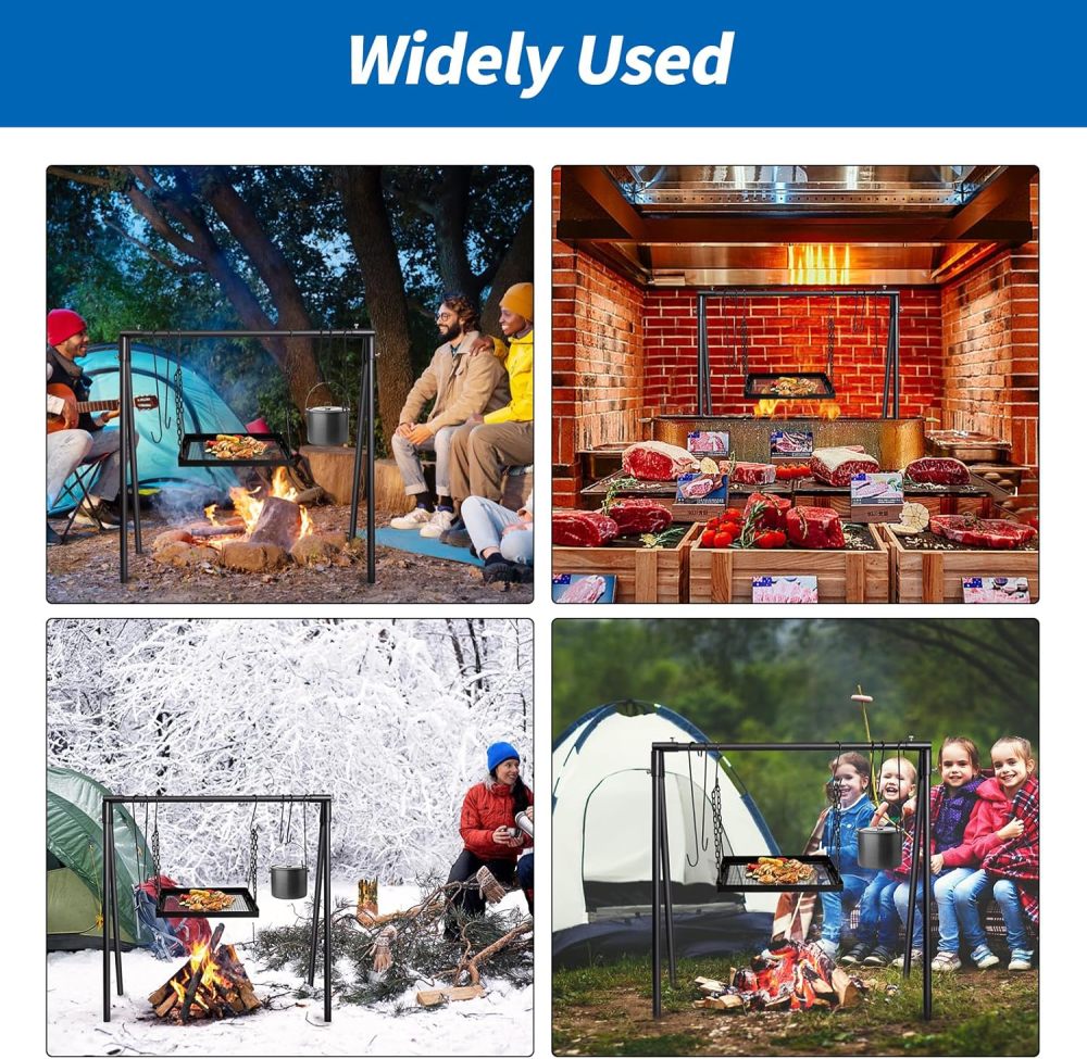 Campfire Swing Cooking Grill Stand, Portable Hanging Cooking Rack with Removable steel pipe Adjustable Grill Grate and Hooks for Outdoor BBQ Picnic Cookware Party-Free Shipping