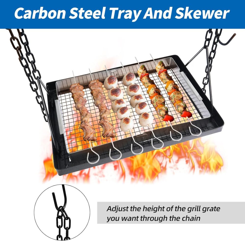 Campfire Swing Cooking Grill Stand, Portable Hanging Cooking Rack with Removable steel pipe Adjustable Grill Grate and Hooks for Outdoor BBQ Picnic Cookware Party-Free Shipping