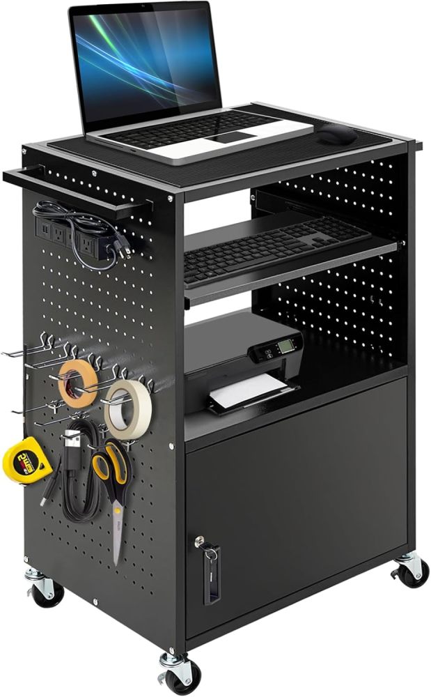 AV Cart, Computer Carts with Wheels and Power, Steel Cart with Locking Cabinet & Pullout Keyboard Tray, Projector Media Cart with Side Pegboard & 12 Hooks for School Office, Black（Free Shipping)