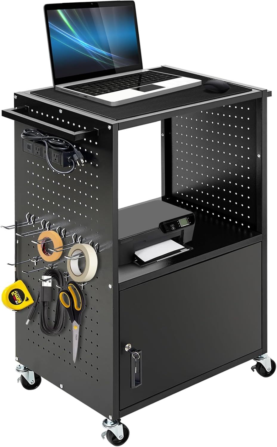 AV Cart, Computer Cart with Wheels and Power, Steel Utility Cart with Locking Cabinet, Projector Media Handcart with DIY Side Pegboard & 12 Hooks for School Office, 18”X 26” X40”, Black（Free Shipping)