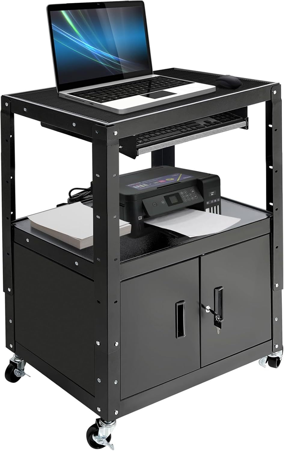 AV Cart, Computer Steel Carts with Wheels and Power, Height Adjustable Rolling AV Cart with Locking Cabinet & Pullout Keyboard Tray, Projector Cart for School Office, 18”X 30.8”X 42”, Black（Free Shipping)