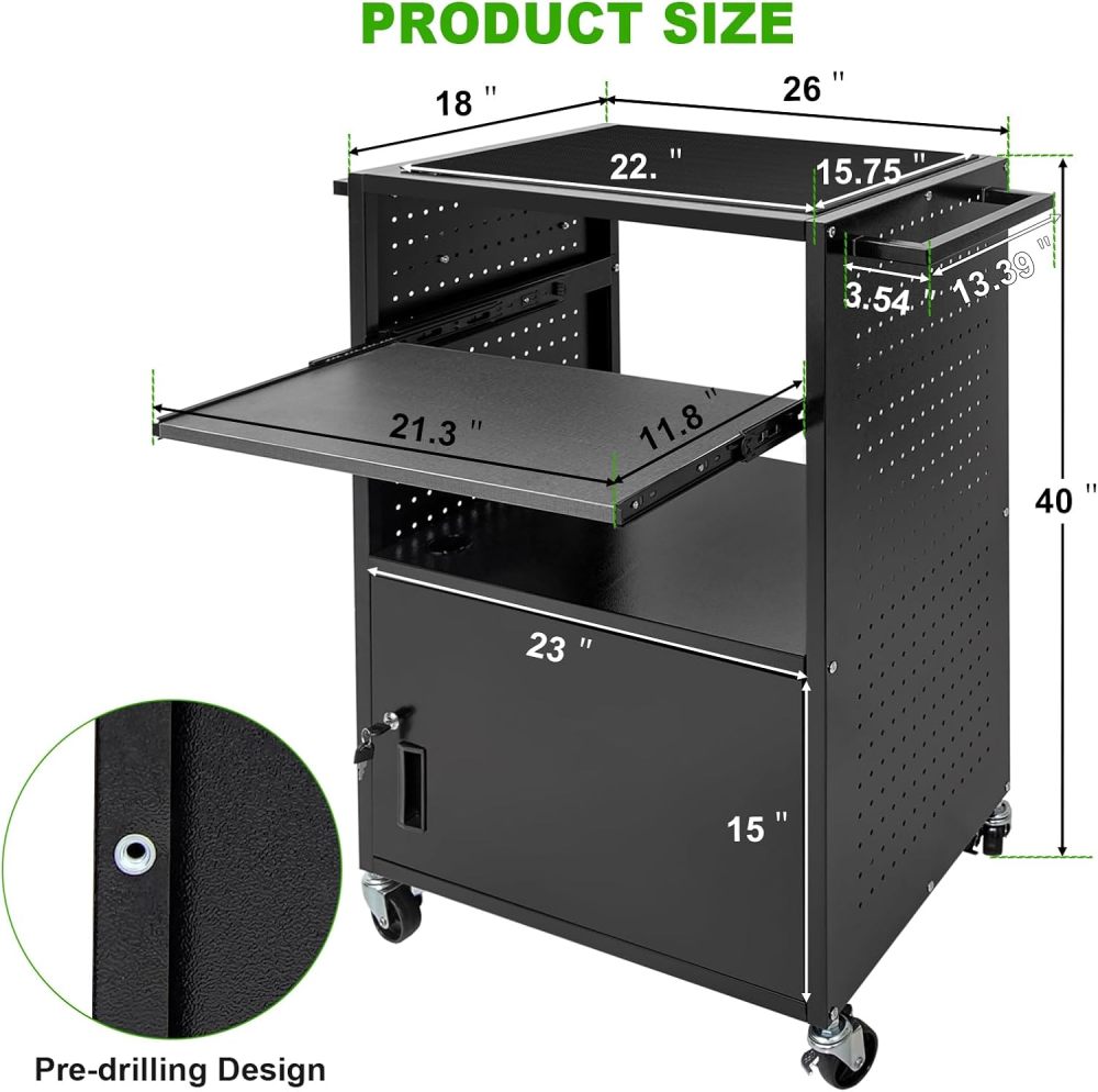 AV Cart, Computer Carts with Wheels and Power, Steel Cart with Locking Cabinet & Pullout Keyboard Tray, Projector Media Cart with Side Pegboard & 12 Hooks for School Office, Black（Free Shipping)