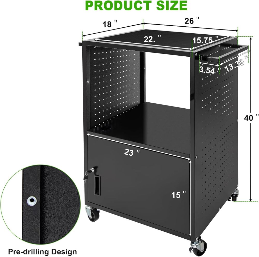 AV Cart, Computer Cart with Wheels and Power, Steel Utility Cart with Locking Cabinet, Projector Media Handcart with DIY Side Pegboard & 12 Hooks for School Office, 18”X 26” X40”, Black（Free Shipping)