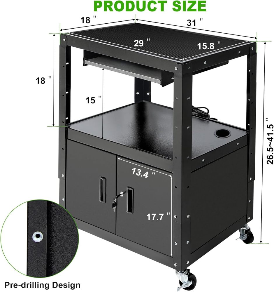 AV Cart, Computer Steel Carts with Wheels and Power, Height Adjustable Rolling AV Cart with Locking Cabinet & Pullout Keyboard Tray, Projector Cart for School Office, 18”X 30.8”X 42”, Black（Free Shipping)