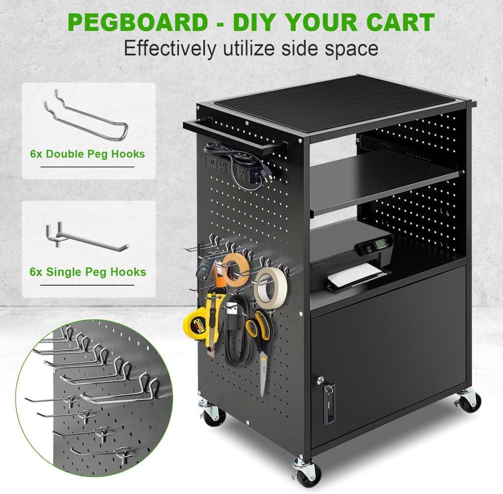 AV Cart, Computer Carts with Wheels and Power, Steel Cart with Locking Cabinet & Pullout Keyboard Tray, Projector Media Cart with Side Pegboard & 12 Hooks for School Office, Black（Free Shipping)