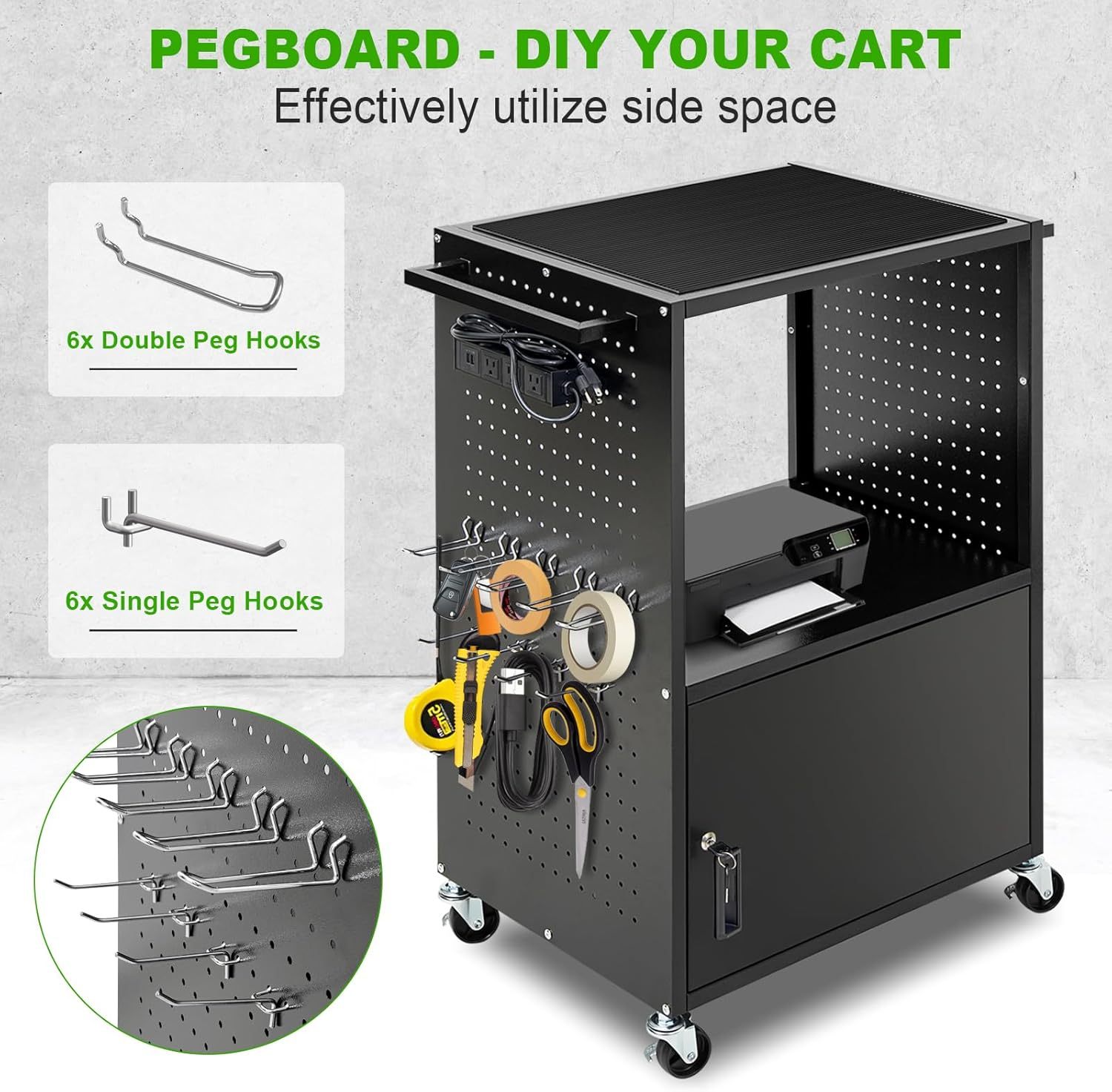 AV Cart, Computer Cart with Wheels and Power, Steel Utility Cart with Locking Cabinet, Projector Media Handcart with DIY Side Pegboard & 12 Hooks for School Office, 18”X 26” X40”, Black（Free Shipping)