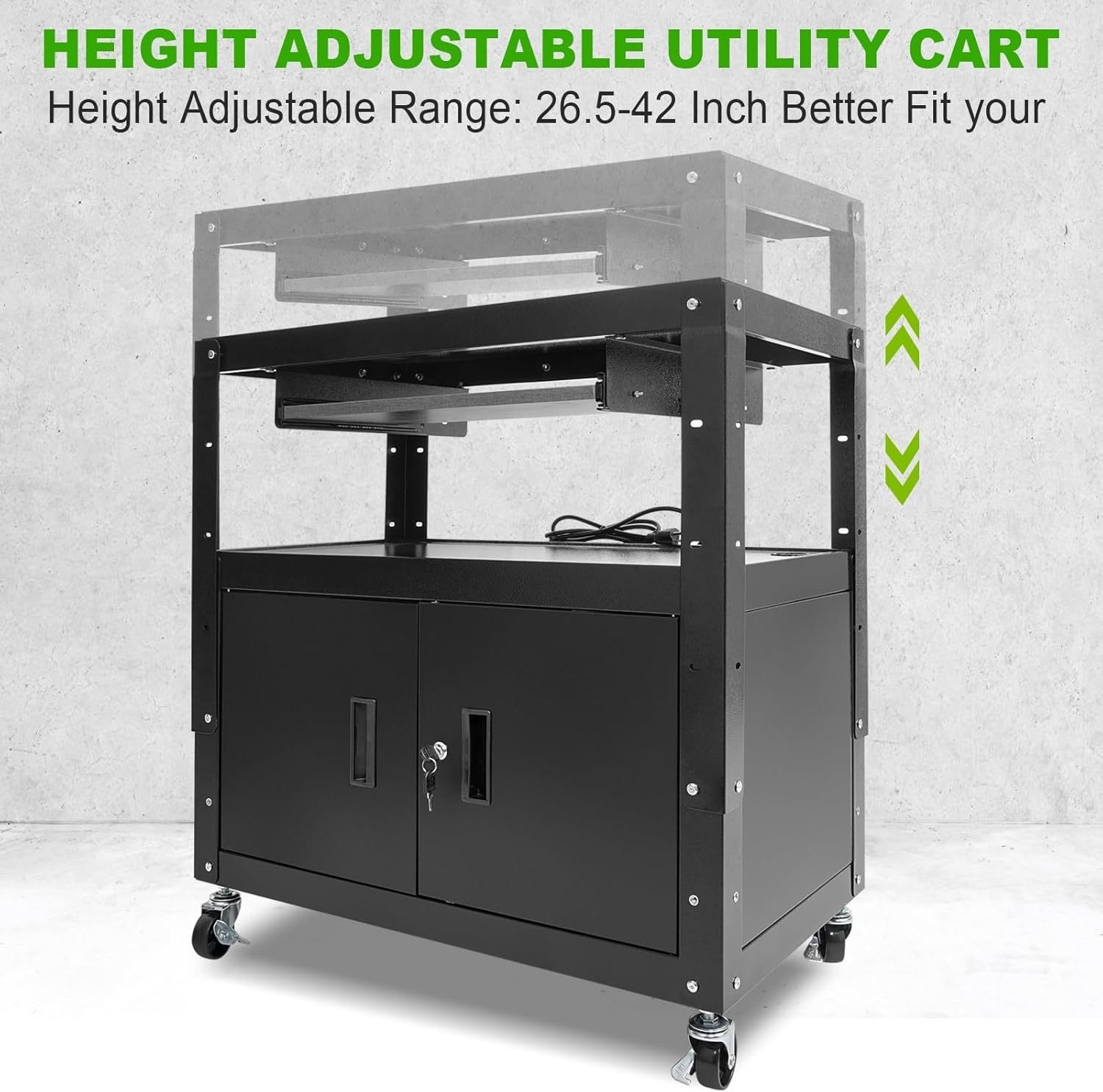 AV Cart, Computer Steel Carts with Wheels and Power, Height Adjustable Rolling AV Cart with Locking Cabinet & Pullout Keyboard Tray, Projector Cart for School Office, 18”X 30.8”X 42”, Black（Free Shipping)