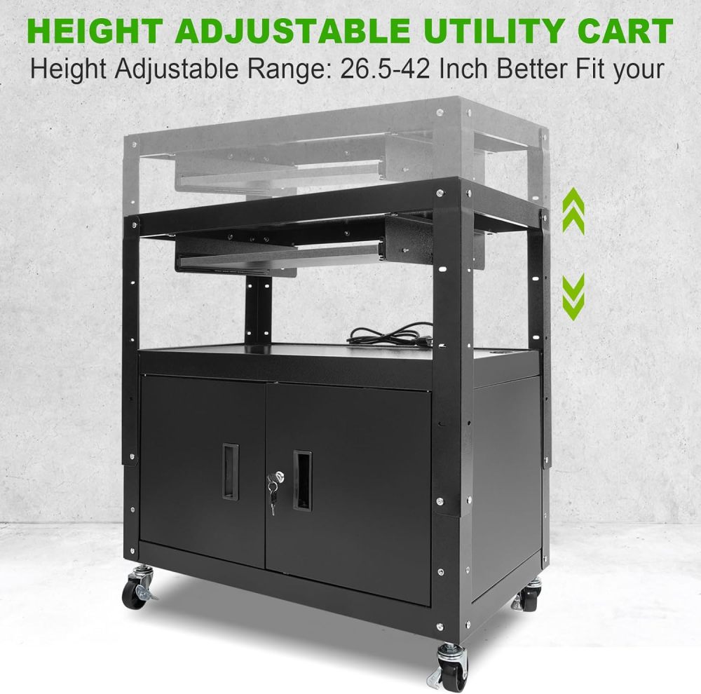 AV Cart, Computer Steel Carts with Wheels and Power, Height Adjustable Rolling AV Cart with Locking Cabinet & Pullout Keyboard Tray, Projector Cart for School Office, 18”X 30.8”X 42”, Black（Free Shipping)